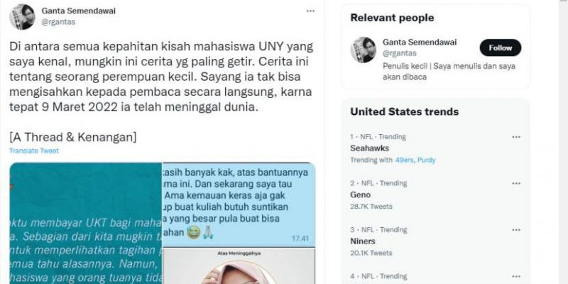 Cuitan Ganta di akun Twitter miliknya, membuat kisah Nur Riska menjadi perhatian dan keprihatinan banyak orang/Net