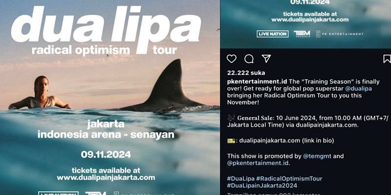 Dua Lipa siap gelar konser di Jakarta, penjualan tiket sudah dimulai sejak Juni. (Instagram/pkentertaiment.id)