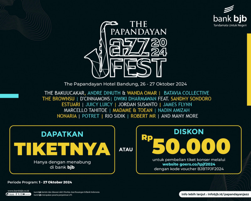 Jangan sampai kehabisan tiket The Papandayan Jazz Fest (TPJF) yang akan diadakan pada 26-27 Oktober 2024 di The Papandayan Hotel Bandung. 