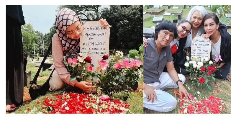 Ikang Fawzi dan anak-anak saat berziarah ke makam Marissa Haque. (Instagram@chikifawzi, @bellafawzi_)