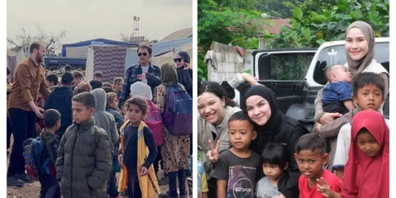 Zaskia dan Hanung di Palestina November tahun lalu (kiri) dan bersama anak-anak korban banjir Jabodetabek (kanan). (Instagram/@zaskiadyamecca)